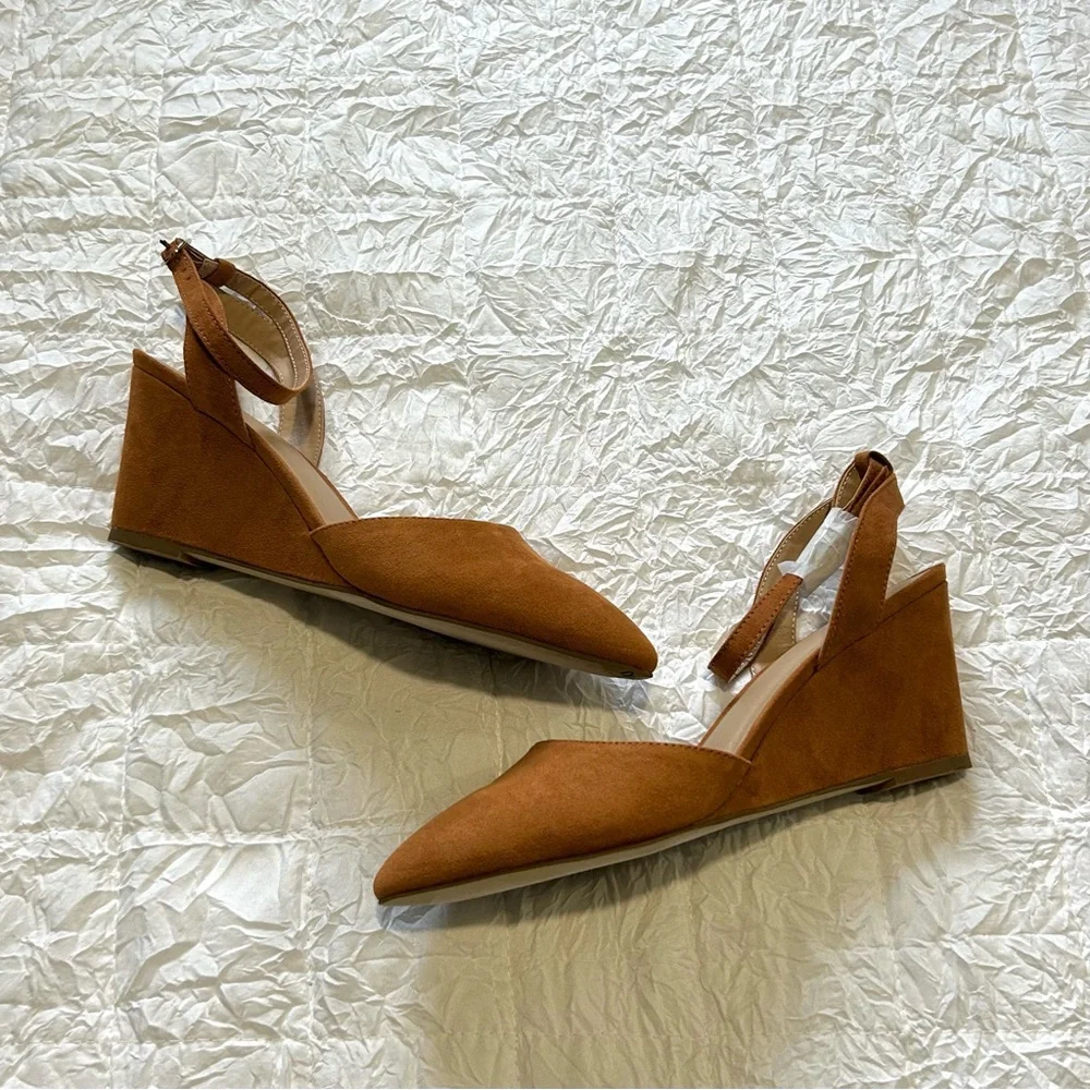 LOFT Cognac Suede Pointed-Toe Wedge Heels